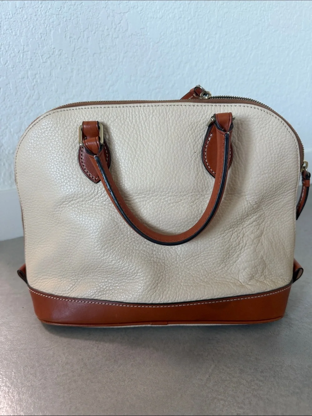 Dooney & Bourke Cream and Brown Pebbled Leather Satchel with Removable Strap